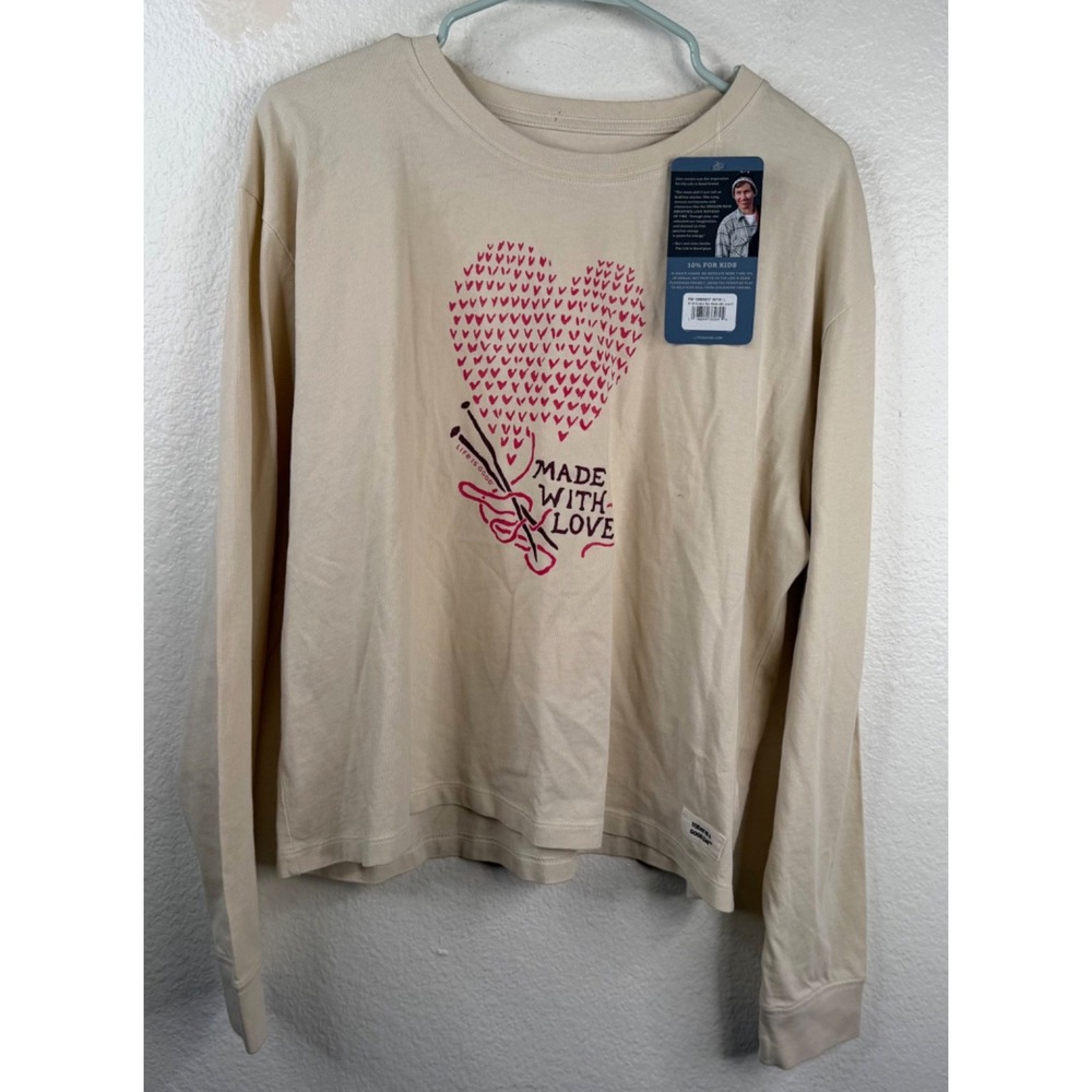 Life Is Good Women's Top Cream Sz L Boxy Crusher Made With Love Knitting NWT